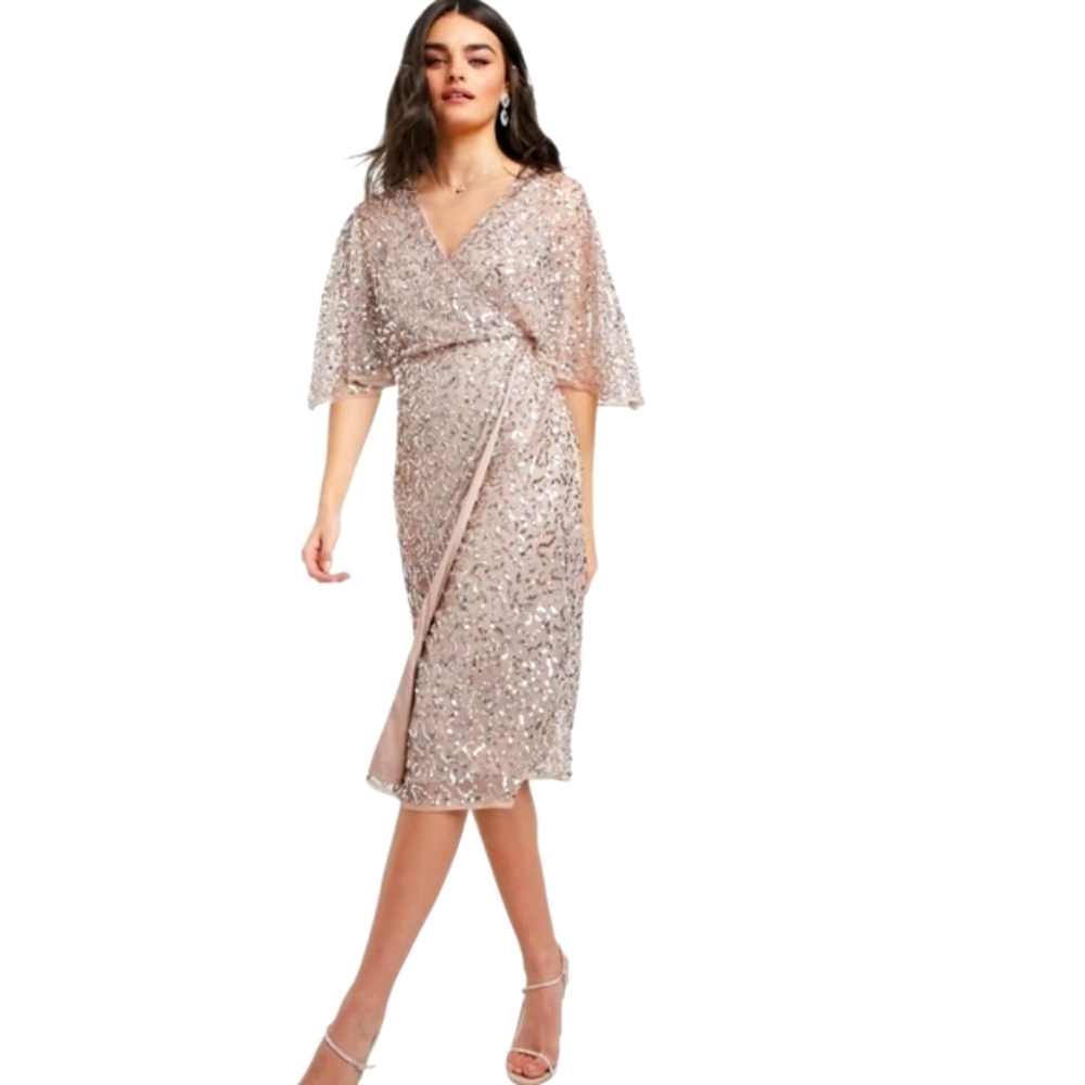 Nwot ASOS Maya Deluxe Tan Sequin Flutter Sleeve Faux Wrap Formal Midi Dress